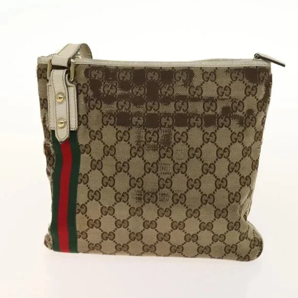 GUCCI GG Canvas Web Sherry Line Bag Leather 2 Set Beige Black Auth 139097